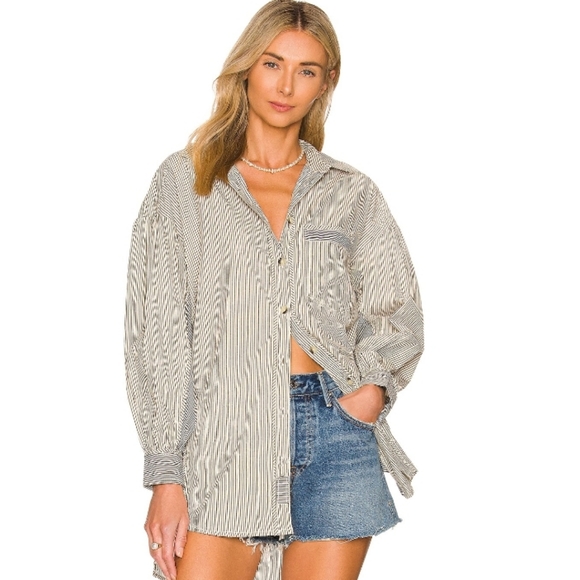 Free People Happy Hour Multicolor Stripe Oversize Oxford Shirt - Picture 1 of 11